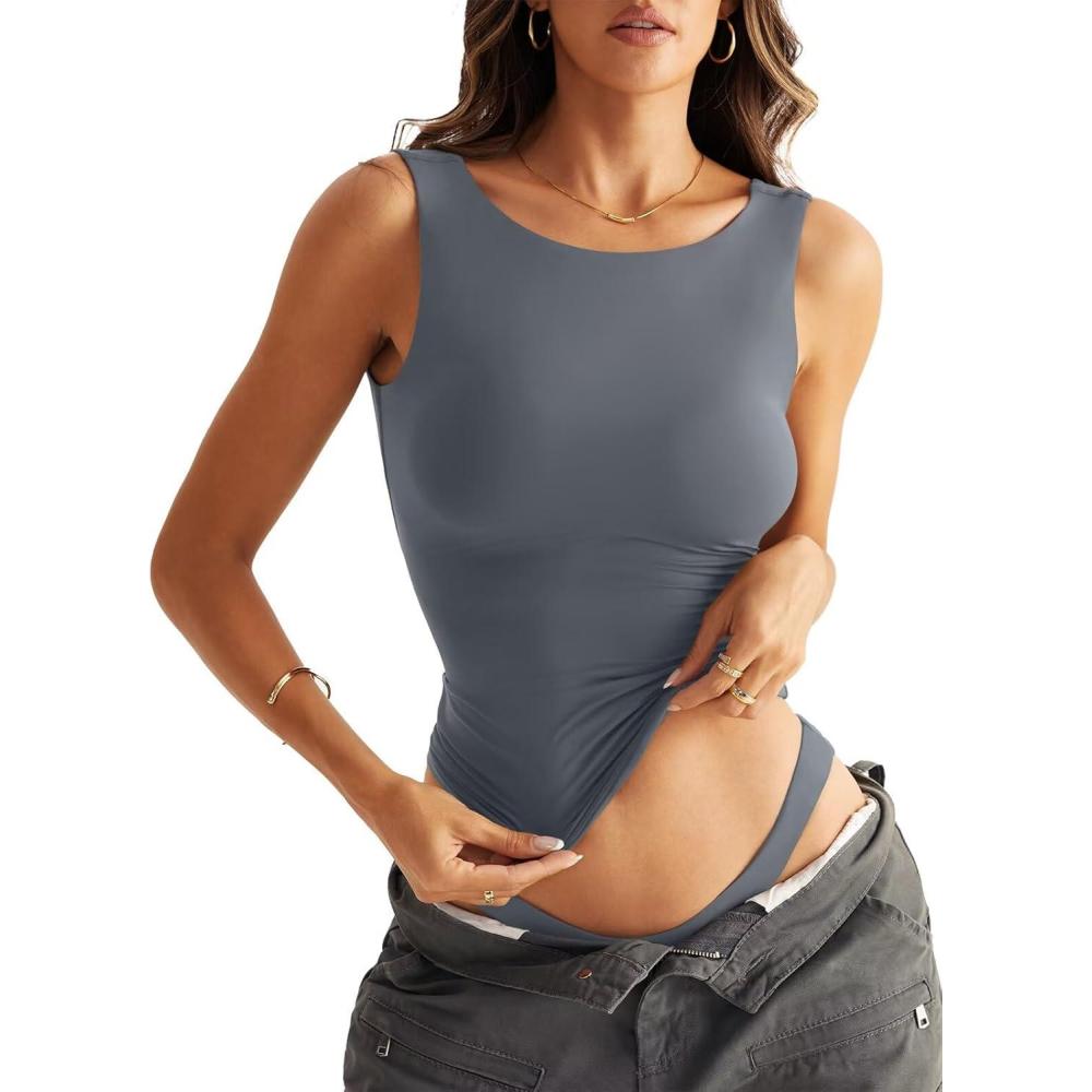 imageWomen Sleeveless Boat Neck Tops Double Lined Backless Tank Tops Basic Fitted T Shirts 2025Grey