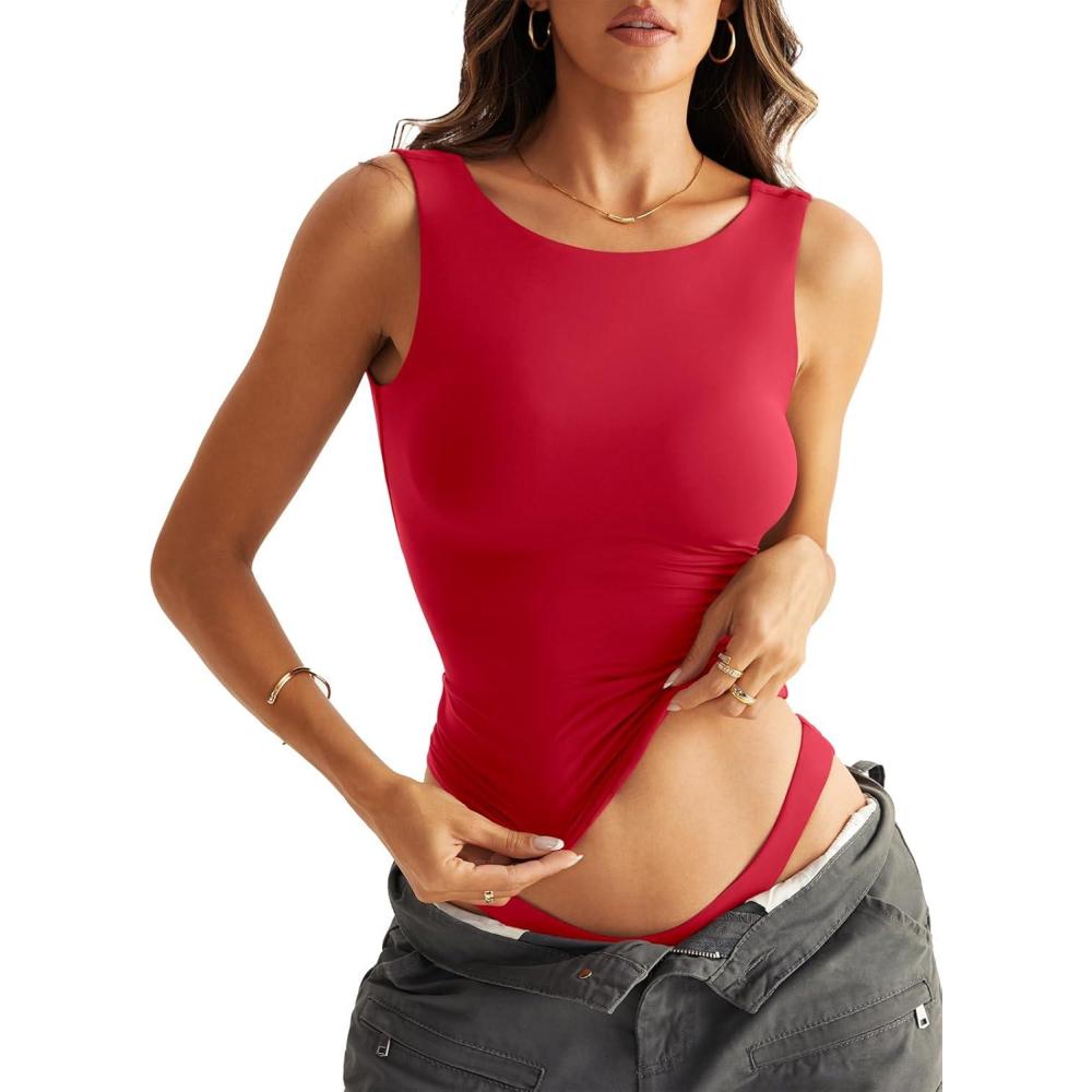 imageWomen Sleeveless Boat Neck Tops Double Lined Backless Tank Tops Basic Fitted T Shirts 2025Red
