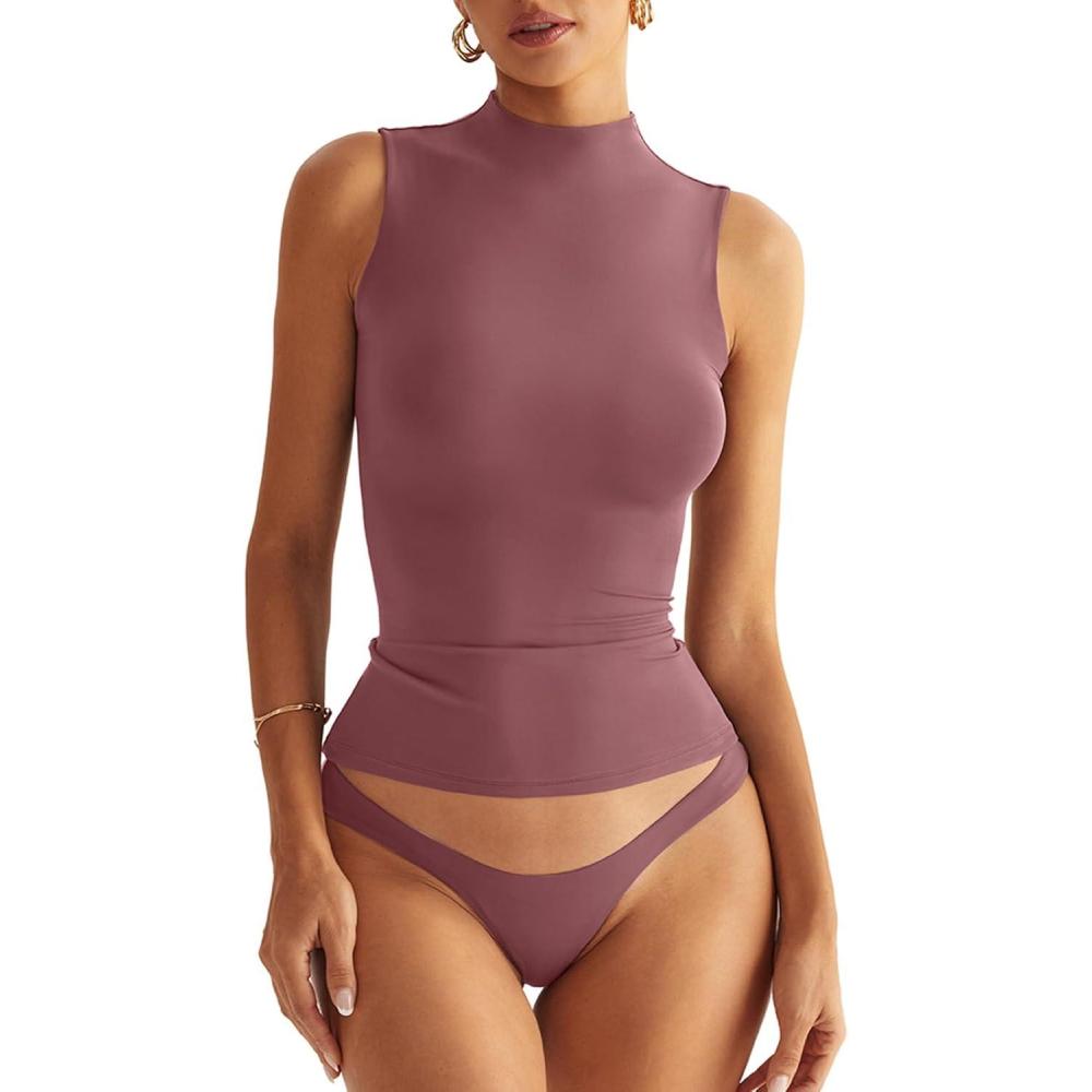 imageWomen Sleeveless Mock Turtle Neck Tops Double Lined Fitted Tank Tops Basic T Shirts 2025Cameo Brown