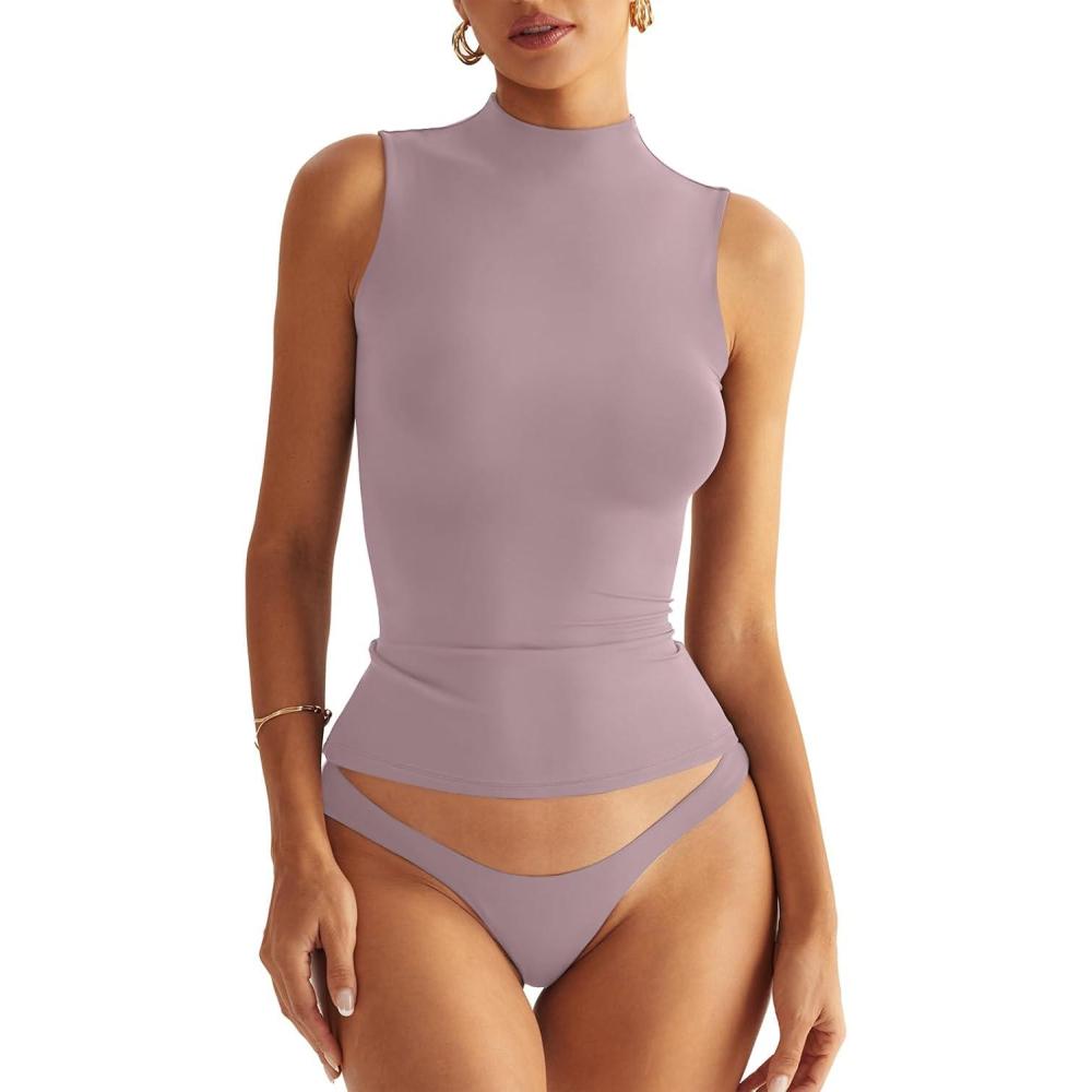 imageWomen Sleeveless Mock Turtle Neck Tops Double Lined Fitted Tank Tops Basic T Shirts 2025Dusky Pink