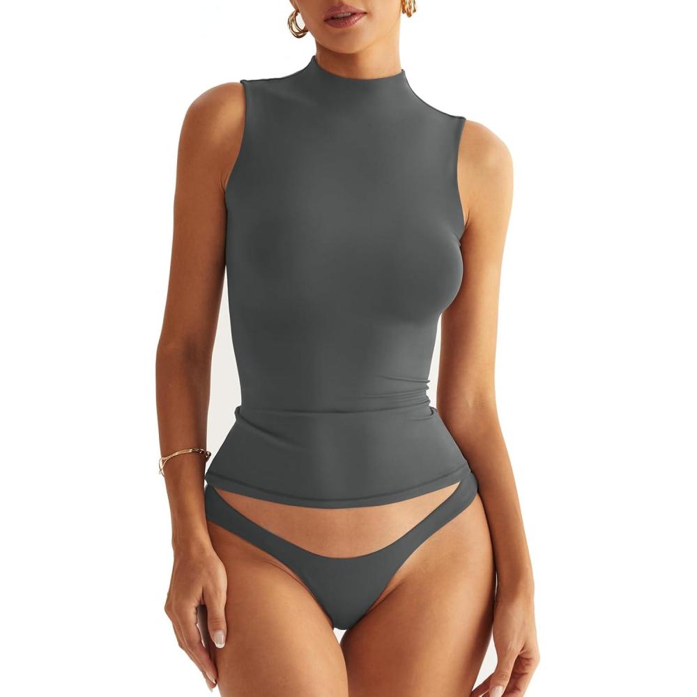 imageWomen Sleeveless Mock Turtle Neck Tops Double Lined Fitted Tank Tops Basic T Shirts 2025Grey