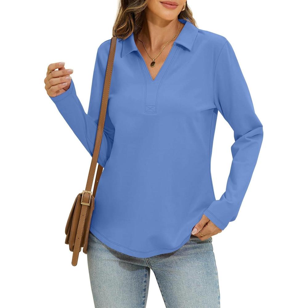imageWomens Cotton Long Sleeve Polo Shirts Business Casual V Neck Collared Tops Loose Fit Work Blouses Fall Outfits 2025Light Blue