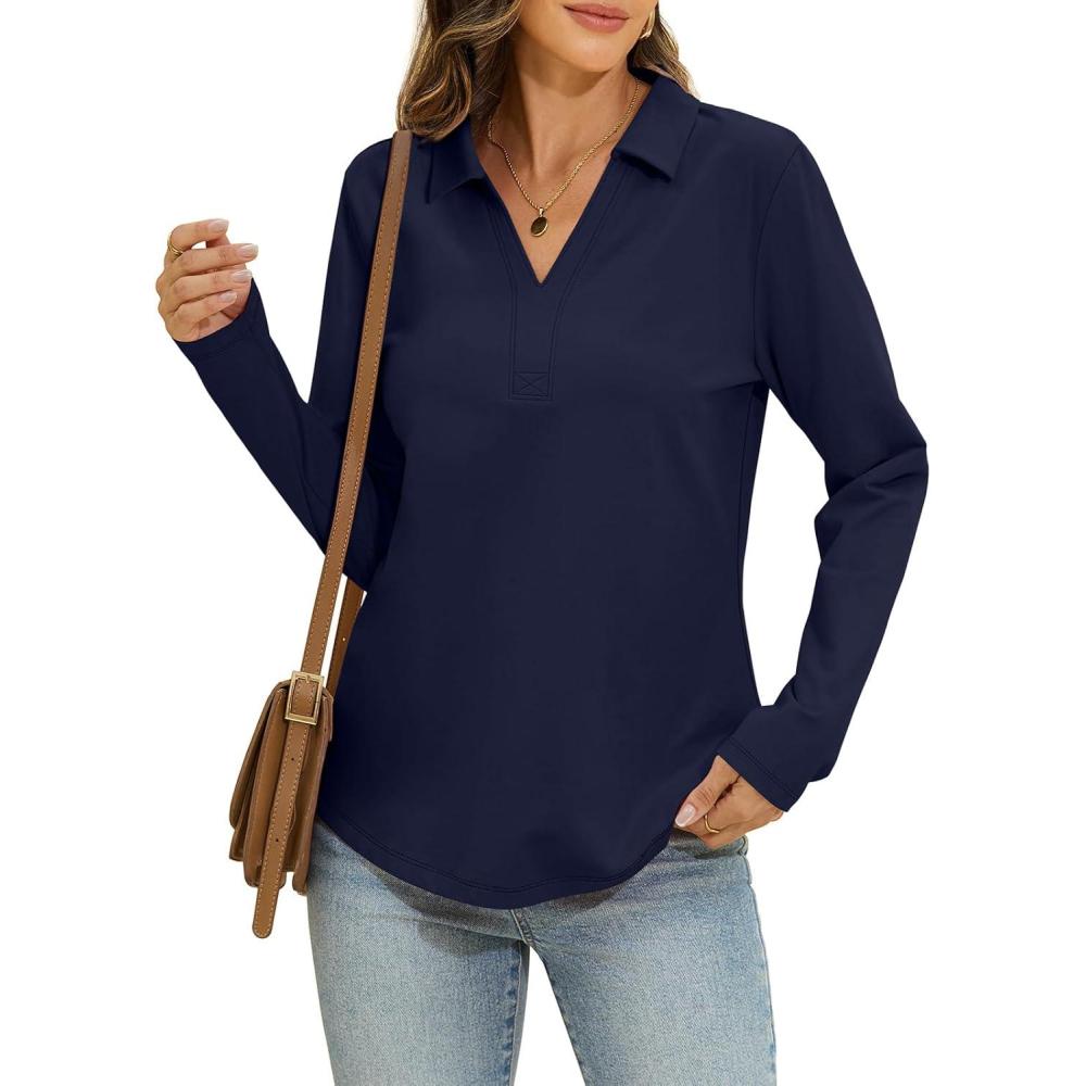 imageWomens Cotton Long Sleeve Polo Shirts Business Casual V Neck Collared Tops Loose Fit Work Blouses Fall Outfits 2025Navy Blue
