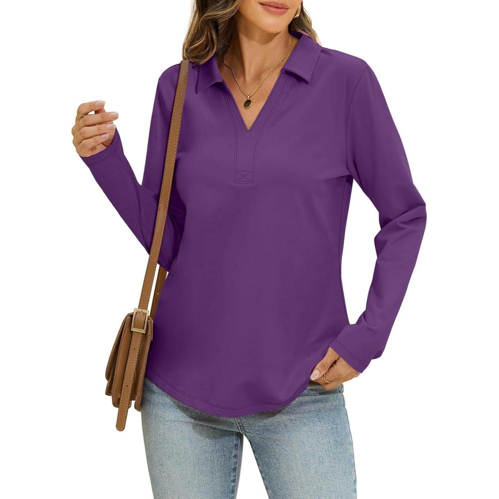 imageWomens Cotton Long Sleeve Polo Shirts Business Casual V Neck Collared Tops Loose Fit Work Blouses Fall Outfits 2025Purple