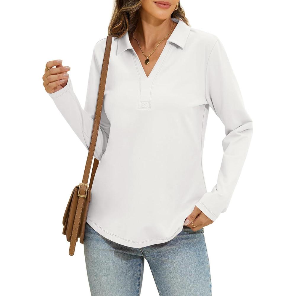 imageWomens Cotton Long Sleeve Polo Shirts Business Casual V Neck Collared Tops Loose Fit Work Blouses Fall Outfits 2025White