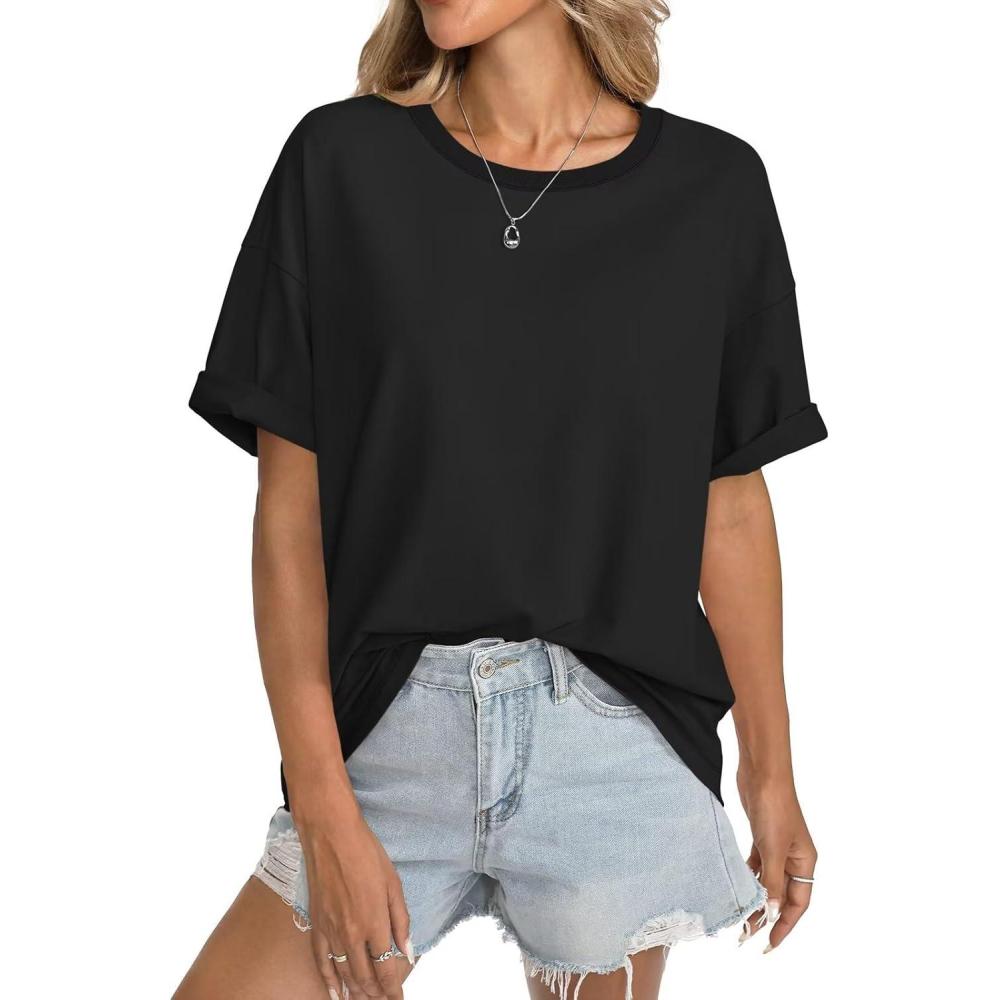 imageWomens Cotton Oversized T Shirts Short Sleeve Tops Ribbed Crewneck Loose Fit Tee Summer Fashion Clothes 2026Black