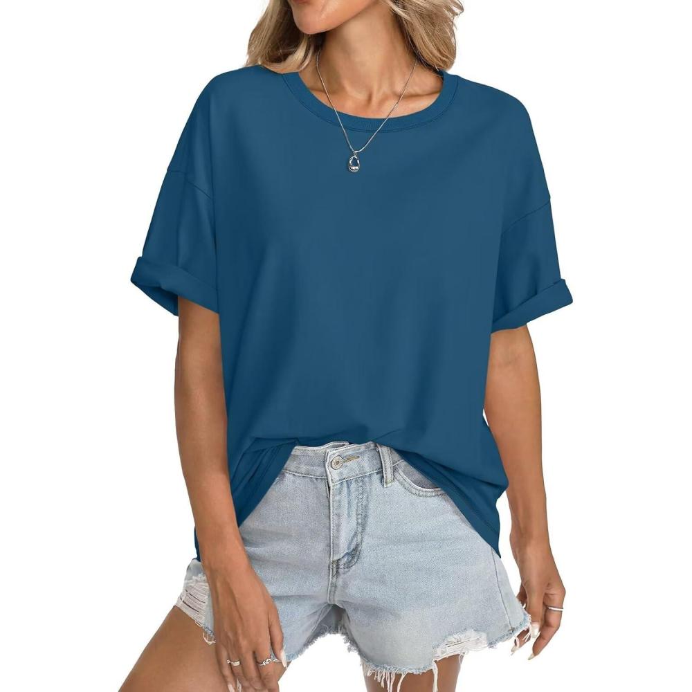 imageWomens Cotton Oversized T Shirts Short Sleeve Tops Ribbed Crewneck Loose Fit Tee Summer Fashion Clothes 2026Blue