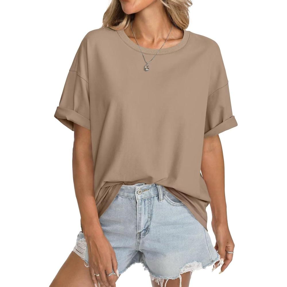 imageWomens Cotton Oversized T Shirts Short Sleeve Tops Ribbed Crewneck Loose Fit Tee Summer Fashion Clothes 2026Khaki