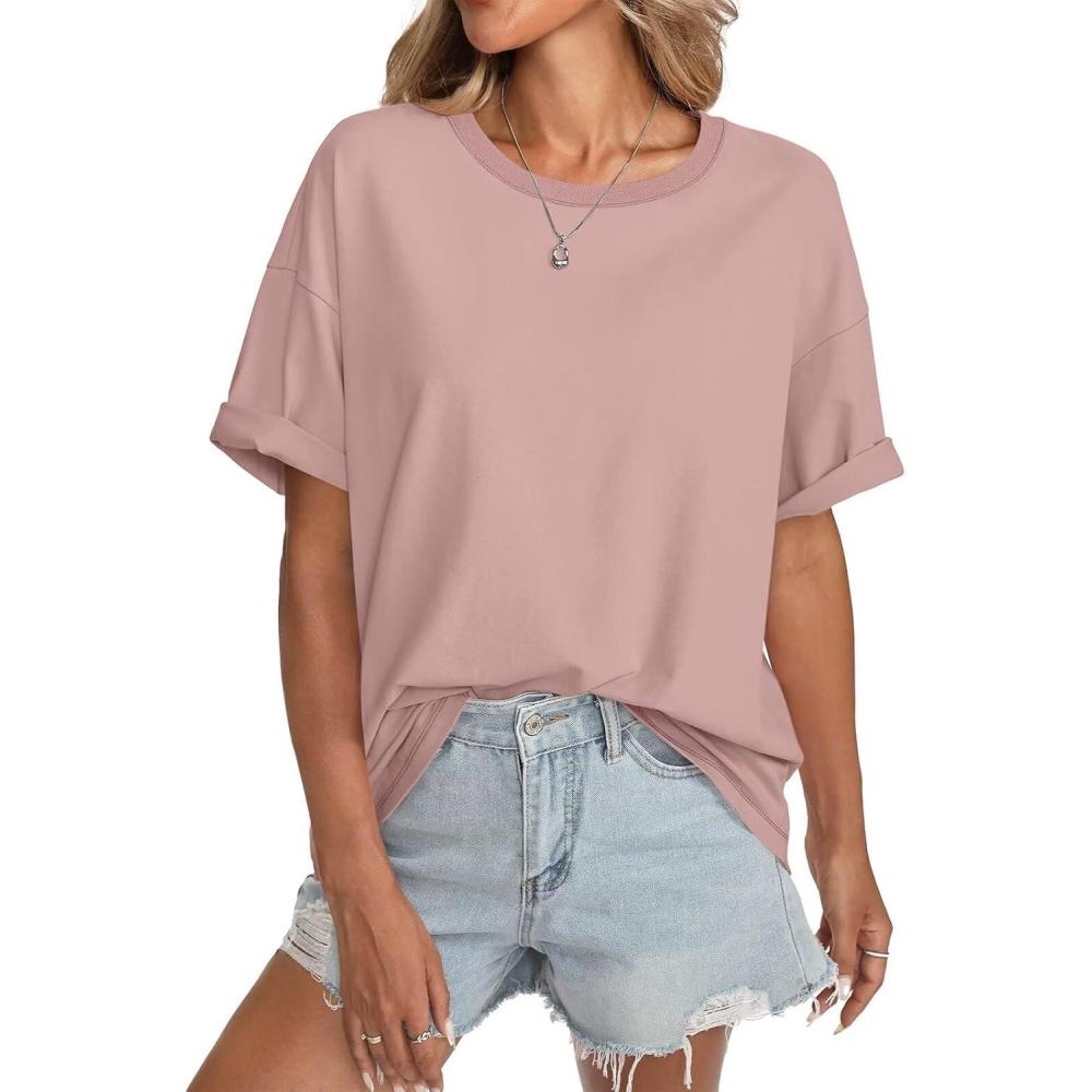 imageWomens Cotton Oversized T Shirts Short Sleeve Tops Ribbed Crewneck Loose Fit Tee Summer Fashion Clothes 2026Pink
