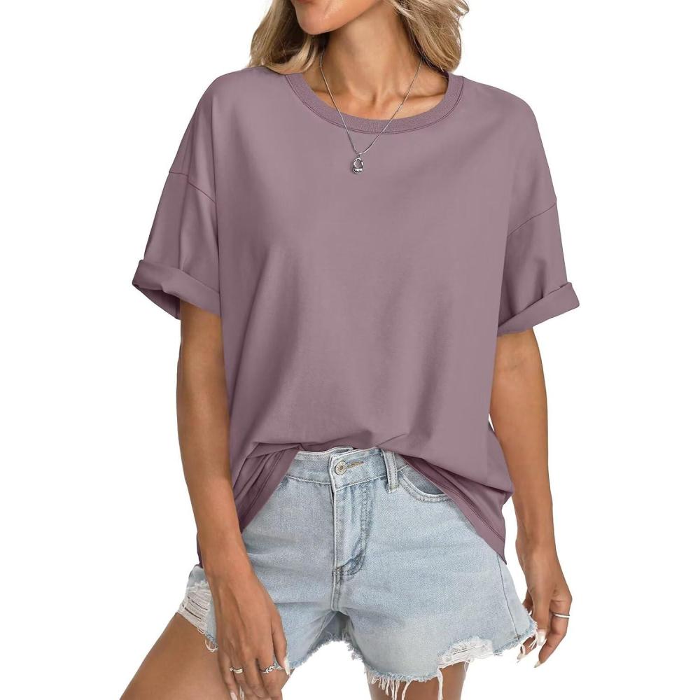 imageWomens Cotton Oversized T Shirts Short Sleeve Tops Ribbed Crewneck Loose Fit Tee Summer Fashion Clothes 2026Purple