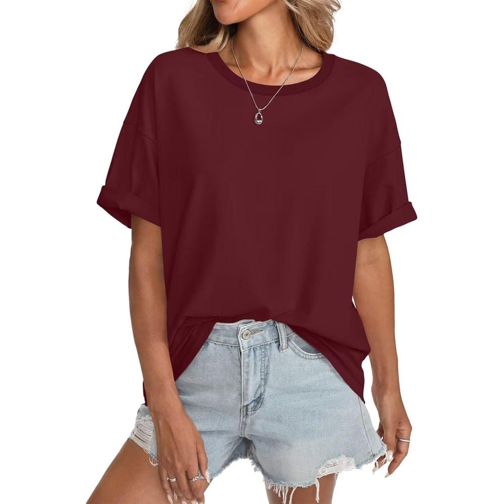 imageWomens Cotton Oversized T Shirts Short Sleeve Tops Ribbed Crewneck Loose Fit Tee Summer Fashion Clothes 2026Wine Red