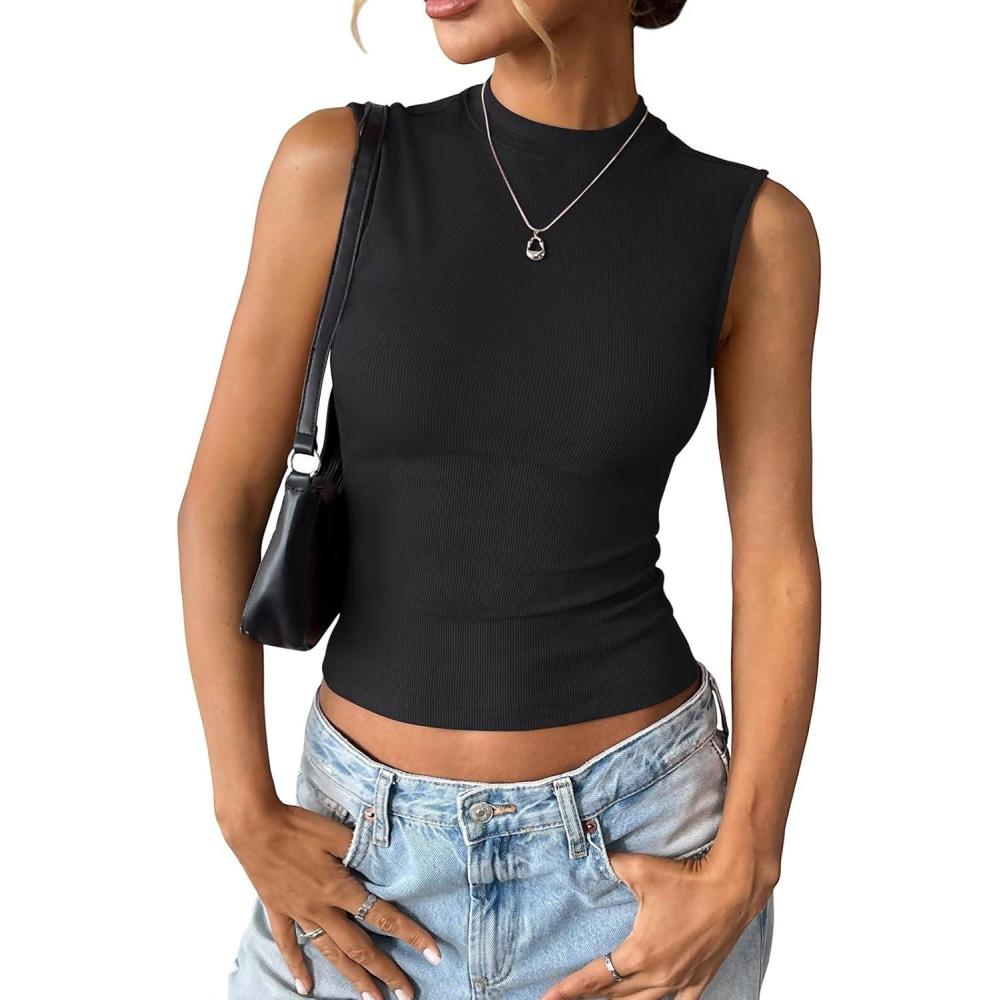 imageWomens Cotton Ribbed Tank Tops Sleeveless Mock High Neck Top Fitted Basic Summer Cami Shirts Y2K Outfits 2025Black