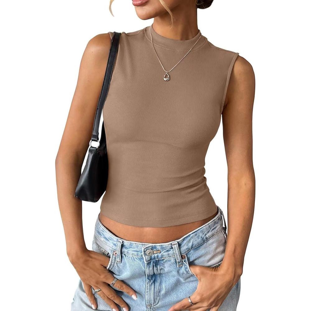 imageWomens Cotton Ribbed Tank Tops Sleeveless Mock High Neck Top Fitted Basic Summer Cami Shirts Y2K Outfits 2025Brown
