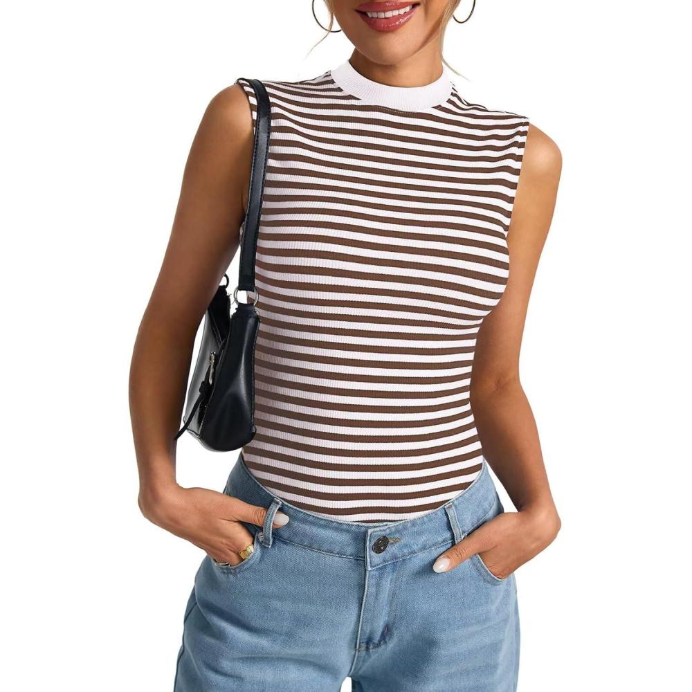 imageWomens Cotton Ribbed Tank Tops Sleeveless Mock High Neck Top Fitted Basic Summer Cami Shirts Y2K Outfits 2025Coffee Stripe