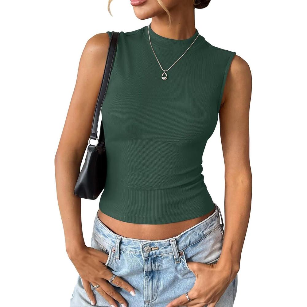 imageWomens Cotton Ribbed Tank Tops Sleeveless Mock High Neck Top Fitted Basic Summer Cami Shirts Y2K Outfits 2025Forest Green