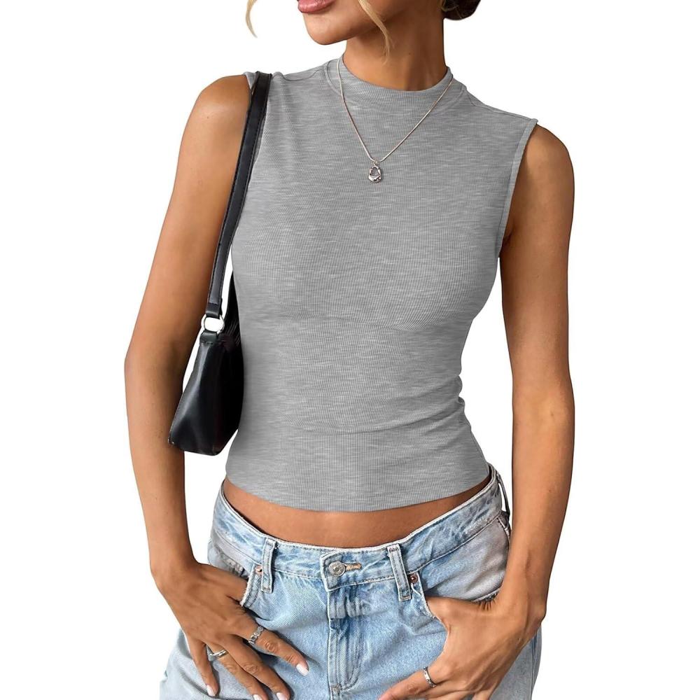 imageWomens Cotton Ribbed Tank Tops Sleeveless Mock High Neck Top Fitted Basic Summer Cami Shirts Y2K Outfits 2025Gray