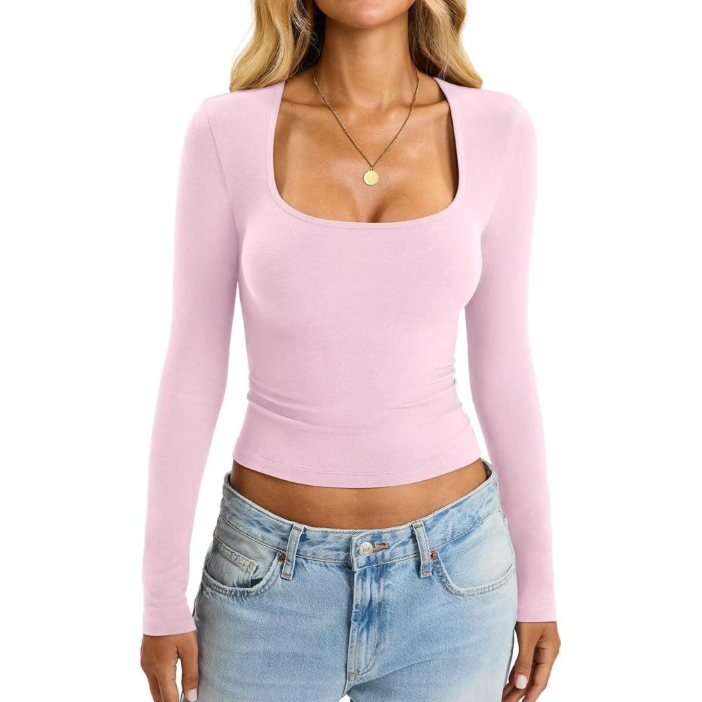 imageWomens Cotton Tops Long Sleeve T Shirts Square Neck Y2k Tops Slim Fit Going Out Fall Fashion Clothes 2025Baby Pink