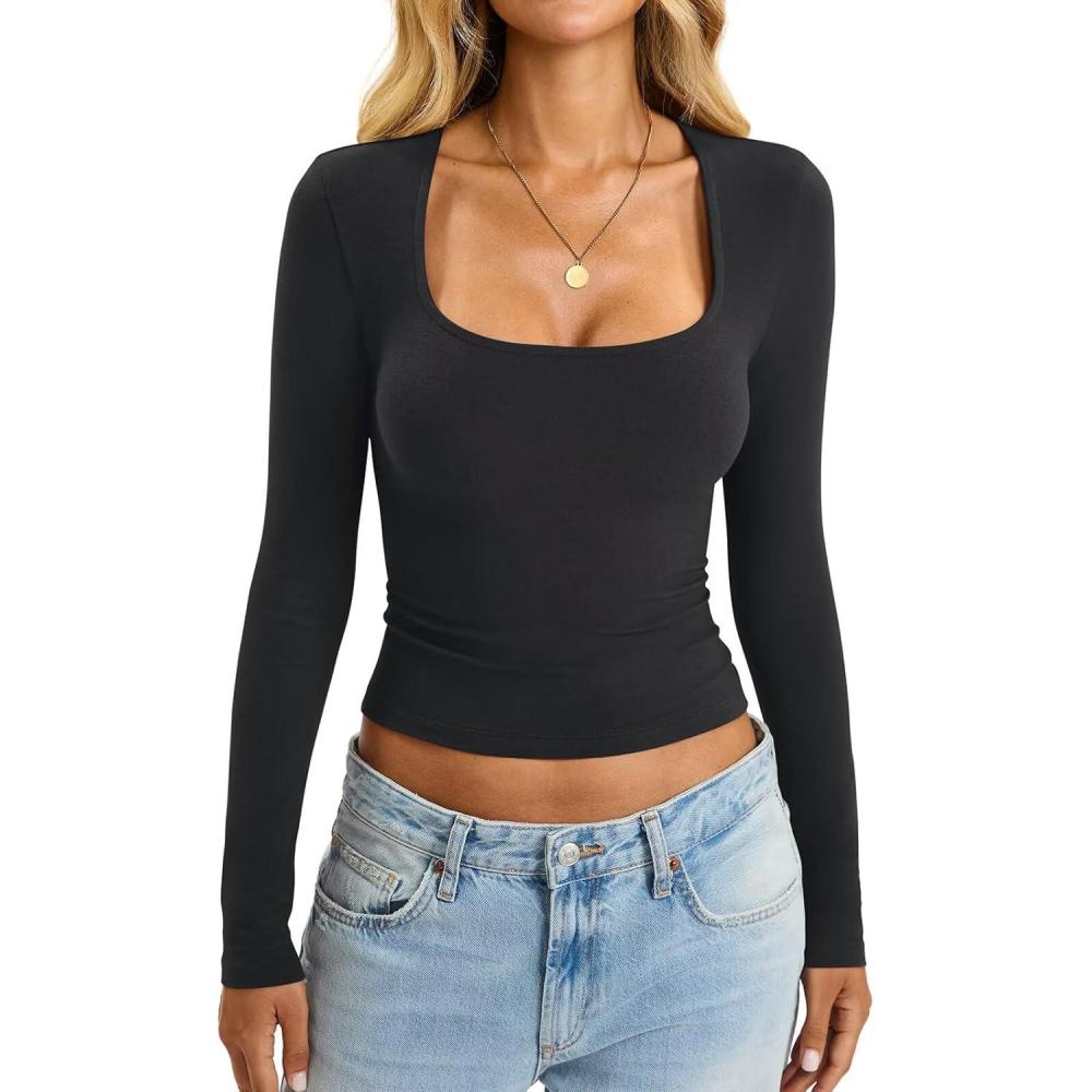 imageWomens Cotton Tops Long Sleeve T Shirts Square Neck Y2k Tops Slim Fit Going Out Fall Fashion Clothes 2025Black
