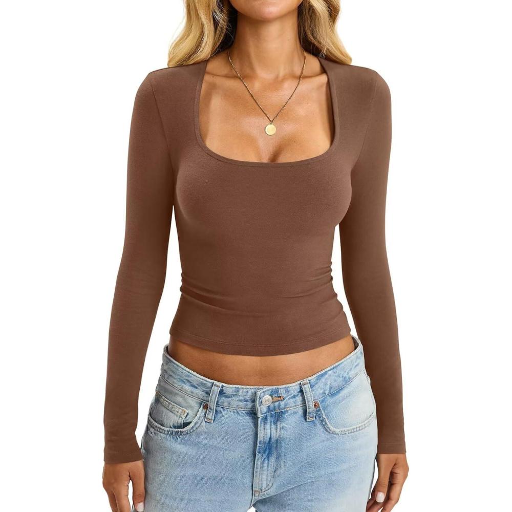 imageWomens Cotton Tops Long Sleeve T Shirts Square Neck Y2k Tops Slim Fit Going Out Fall Fashion Clothes 2025Brown