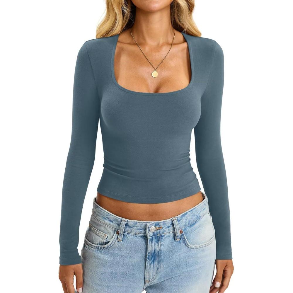 imageWomens Cotton Tops Long Sleeve T Shirts Square Neck Y2k Tops Slim Fit Going Out Fall Fashion Clothes 2025Kyanite