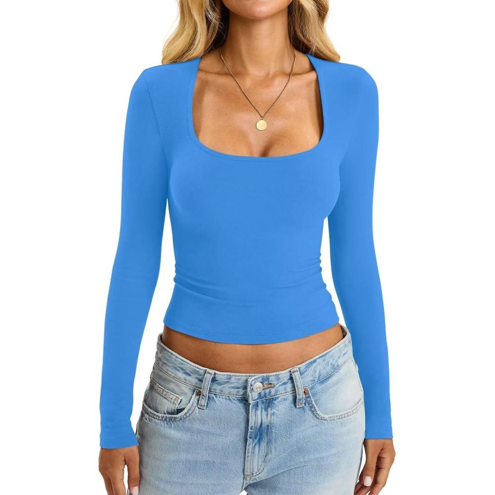 imageWomens Cotton Tops Long Sleeve T Shirts Square Neck Y2k Tops Slim Fit Going Out Fall Fashion Clothes 2025Lake Blue