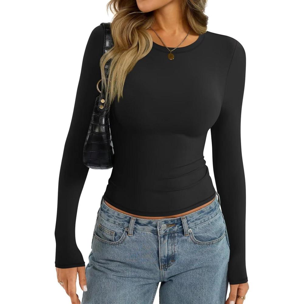 imageWomens Long Sleeve Shirts Lightweight Stretchy Going Out Tops Crew Neck Basic Tee Slim Fit Fall Y2K Outfit 2026Black