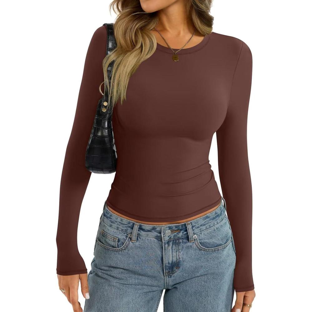 imageWomens Long Sleeve Shirts Lightweight Stretchy Going Out Tops Crew Neck Basic Tee Slim Fit Fall Y2K Outfit 2026Brown