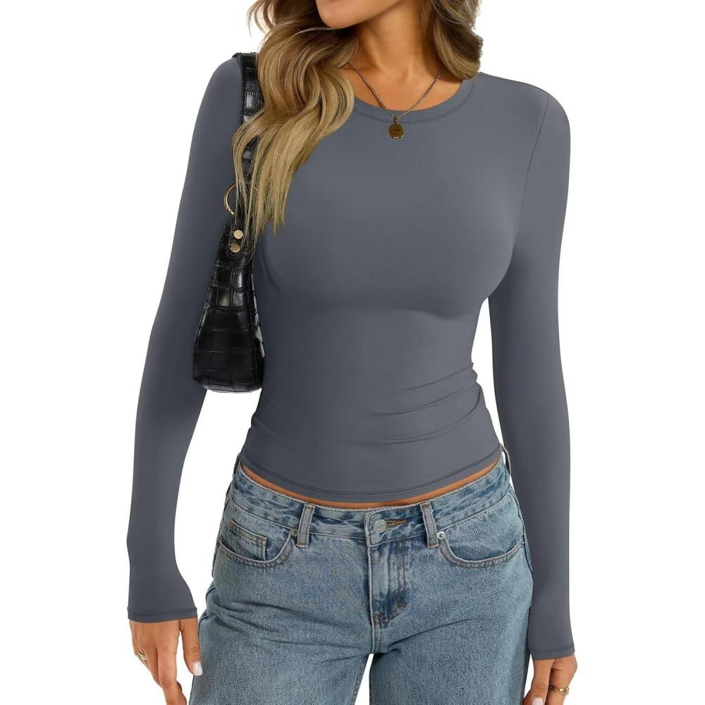 imageWomens Long Sleeve Shirts Lightweight Stretchy Going Out Tops Crew Neck Basic Tee Slim Fit Fall Y2K Outfit 2026Gray