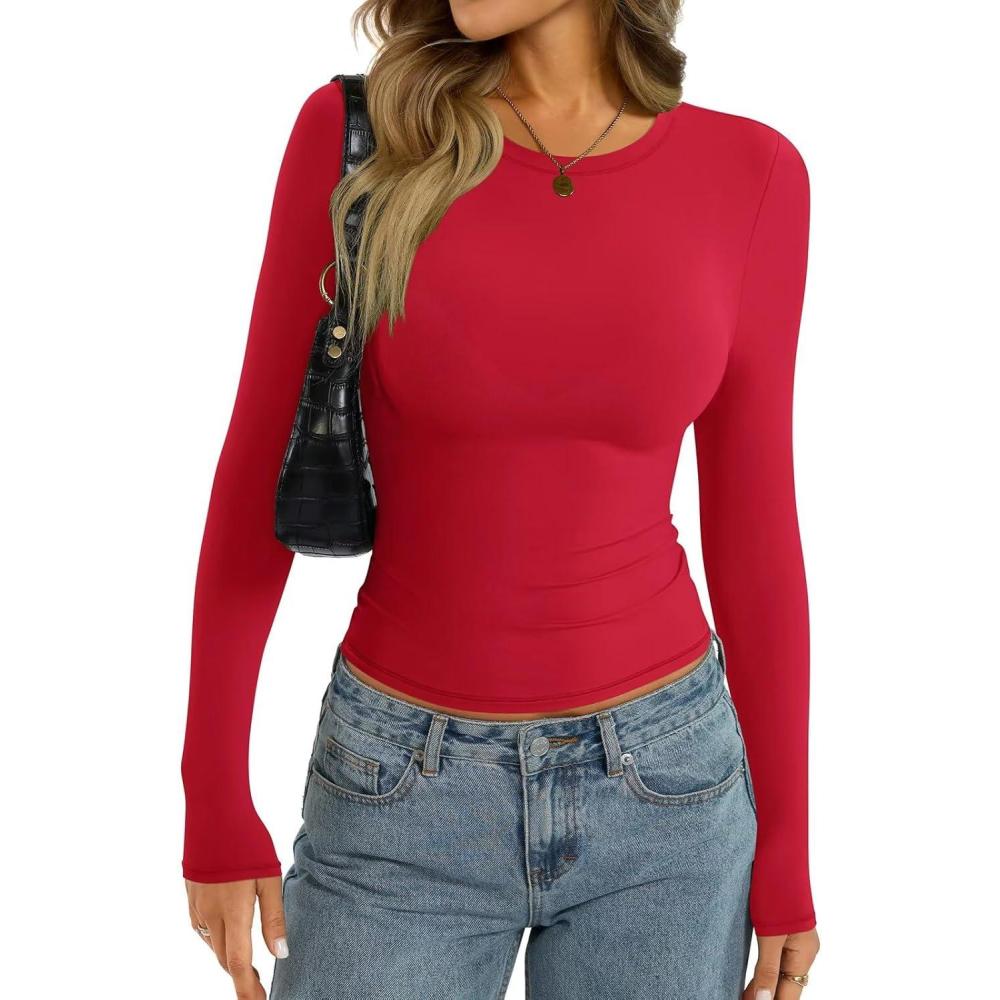 imageWomens Long Sleeve Shirts Lightweight Stretchy Going Out Tops Crew Neck Basic Tee Slim Fit Fall Y2K Outfit 2026Red