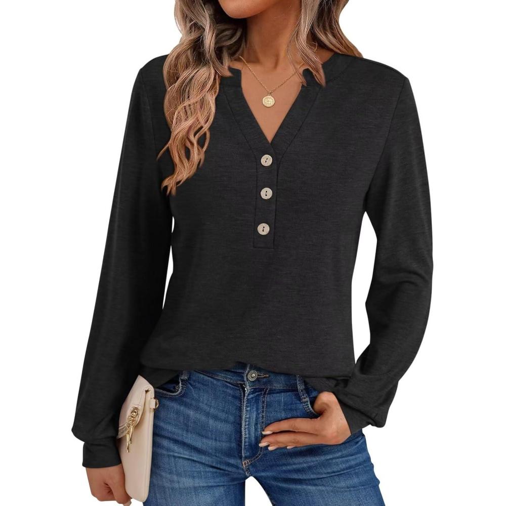 imageWomens V Neck Long Sleeve Shirts Henley Dressy Casual Tops Loose Fit Trendy Tees Fall T Shirts Outfits 2025Black
