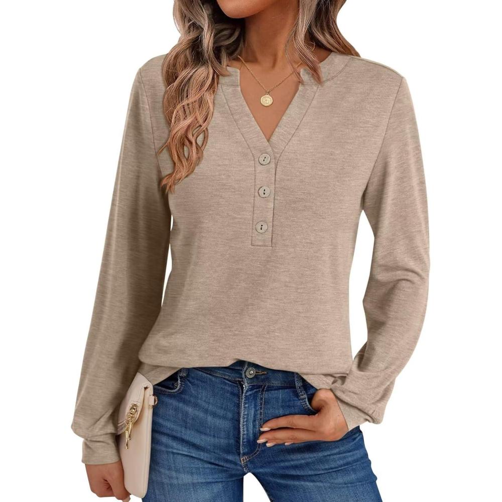 imageWomens V Neck Long Sleeve Shirts Henley Dressy Casual Tops Loose Fit Trendy Tees Fall T Shirts Outfits 2025Khaki