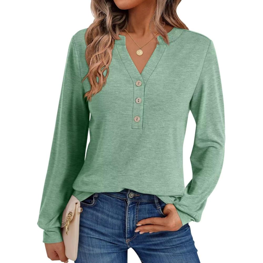 imageWomens V Neck Long Sleeve Shirts Henley Dressy Casual Tops Loose Fit Trendy Tees Fall T Shirts Outfits 2025Light Green