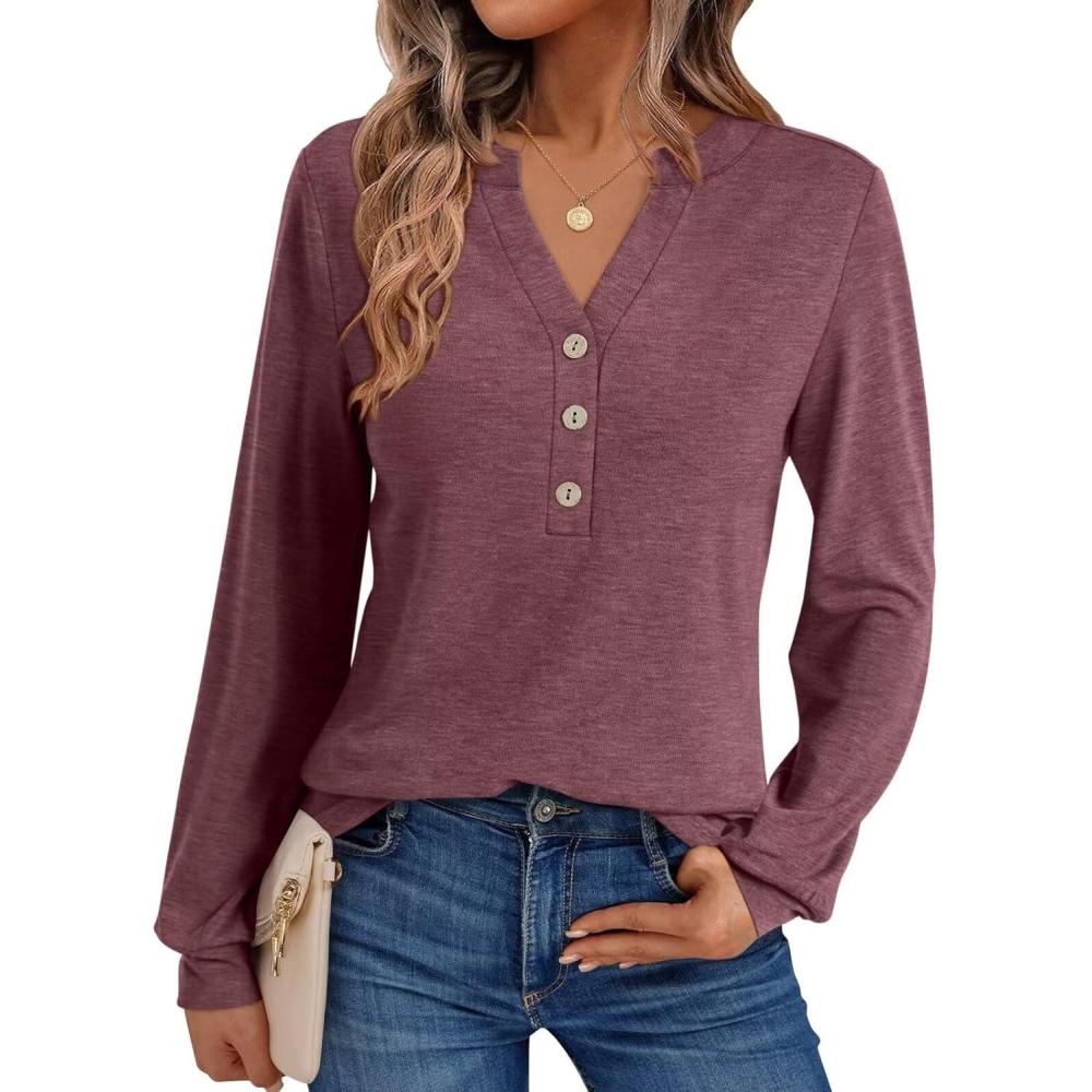 imageWomens V Neck Long Sleeve Shirts Henley Dressy Casual Tops Loose Fit Trendy Tees Fall T Shirts Outfits 2025Red Brown