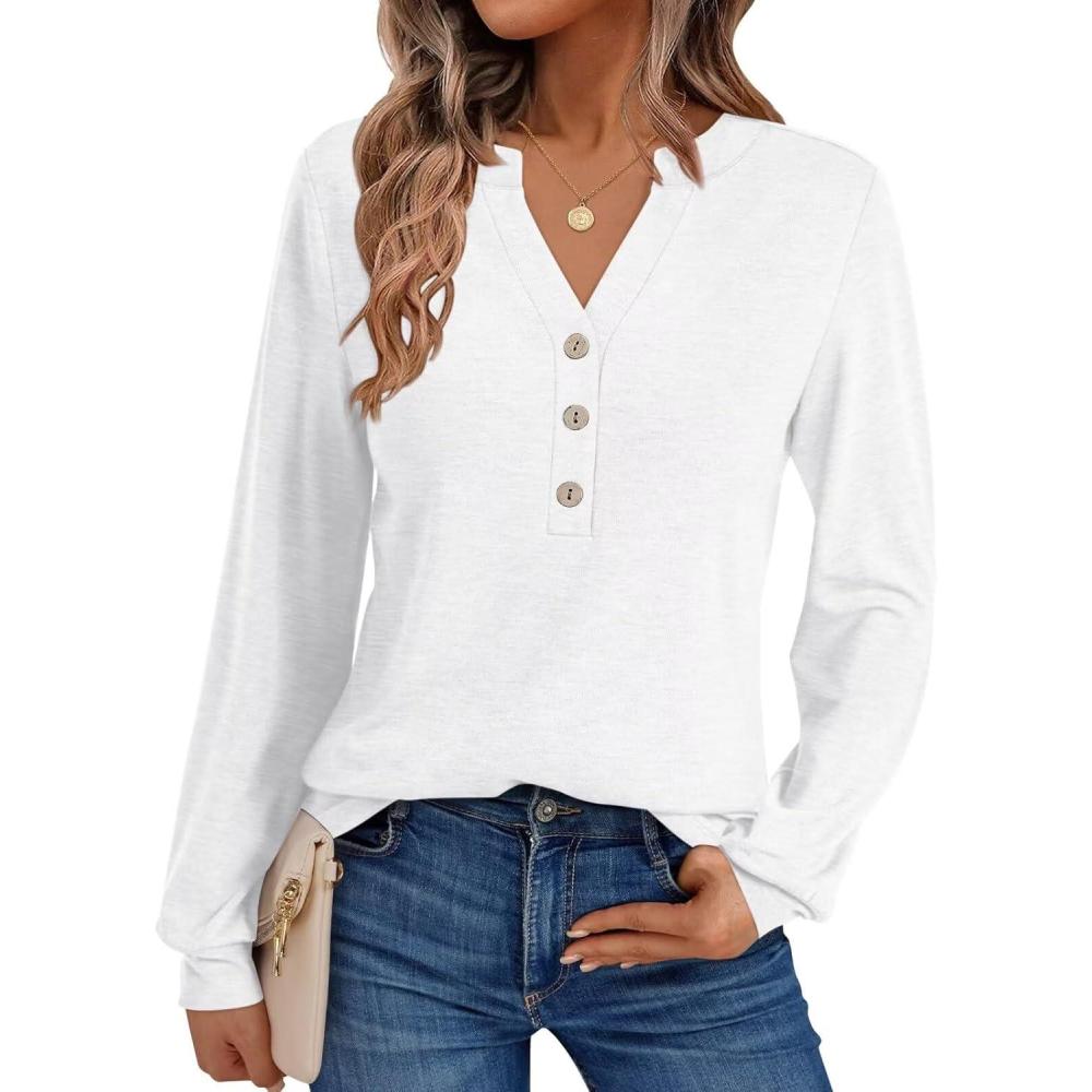 imageWomens V Neck Long Sleeve Shirts Henley Dressy Casual Tops Loose Fit Trendy Tees Fall T Shirts Outfits 2025White