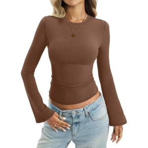 Women Cotton Bell Long Sleeve Shirts Round Neck Fitted Shirt Trendy Going Out Tops Y2K Fall Clothes 2026(Brown)