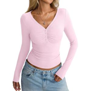 Women Cotton Long Sleeve Henley Shirts V Neck Front Ruched Tops Sexy Low Cut Fitted T-Shirt Trendy Fall 2025(Baby Pink)