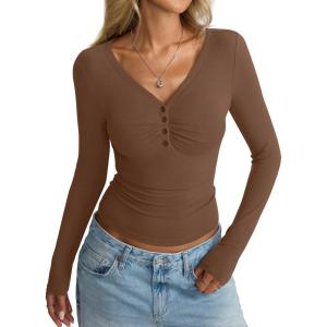 Women Cotton Long Sleeve Henley Shirts V Neck Front Ruched Tops Sexy Low Cut Fitted T-Shirt Trendy Fall 2025(Brown)