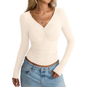 Women Cotton Long Sleeve Henley Shirts V Neck Front Ruched Tops Sexy Low Cut Fitted T-Shirt Trendy Fall 2025(Cream White)