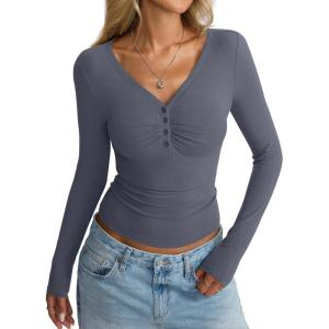 Women Cotton Long Sleeve Henley Shirts V Neck Front Ruched Tops Sexy Low Cut Fitted T-Shirt Trendy Fall 2025(Dark Grey)