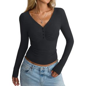 Women Cotton Long Sleeve Henley Shirts V Neck Front Ruched Tops Sexy Low Cut Fitted T-Shirt Trendy Fall 2025(True Black)