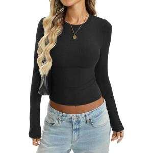 Women Cotton Ribbed Long Sleeve Shirts Crew Neck Tight Tees Sexy Fitted T-Shirt Fall Basic Layer Clothes 2026(Black)