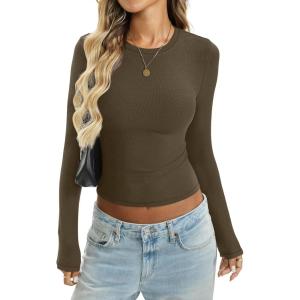 Women Cotton Ribbed Long Sleeve Shirts Crew Neck Tight Tees Sexy Fitted T-Shirt Fall Basic Layer Clothes 2026(Brown)
