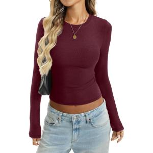 Women Cotton Ribbed Long Sleeve Shirts Crew Neck Tight Tees Sexy Fitted T-Shirt Fall Basic Layer Clothes 2026(Wine Red)
