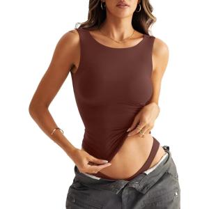 Women Sleeveless Boat Neck Tops Double Lined Backless Tank Tops Basic Fitted T Shirts 2025(Brown)