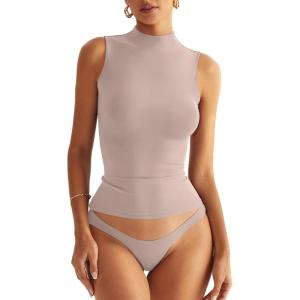 Women Sleeveless Mock Turtle Neck Tops Double Lined Fitted Tank Tops Basic T Shirts 2025(Apricot)