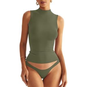 Women Sleeveless Mock Turtle Neck Tops Double Lined Fitted Tank Tops Basic T Shirts 2025(Army Green)
