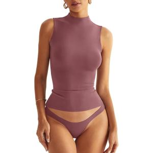 Women Sleeveless Mock Turtle Neck Tops Double Lined Fitted Tank Tops Basic T Shirts 2025(Cameo Brown)