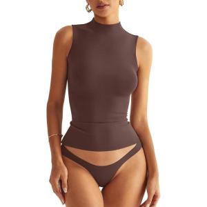 Women Sleeveless Mock Turtle Neck Tops Double Lined Fitted Tank Tops Basic T Shirts 2025(Coffee Brown)