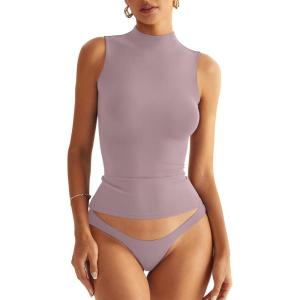 Women Sleeveless Mock Turtle Neck Tops Double Lined Fitted Tank Tops Basic T Shirts 2025(Dusky Pink)