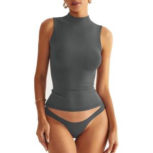 Women Sleeveless Mock Turtle Neck Tops Double Lined Fitted Tank Tops Basic T Shirts 2025(Grey)